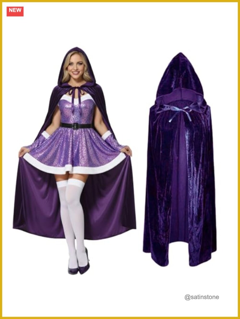 Unisex Velvet Hooded Cloak Halloween Witch Cosplay Cape Robe Costume
